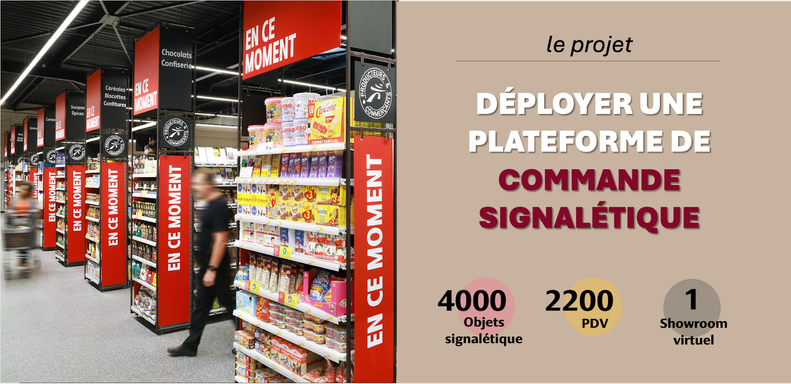 Interface de commande de signalétique dans le showroom virtuel 3D Intermarché, avec fiches produits, dimensions et options de réassort.