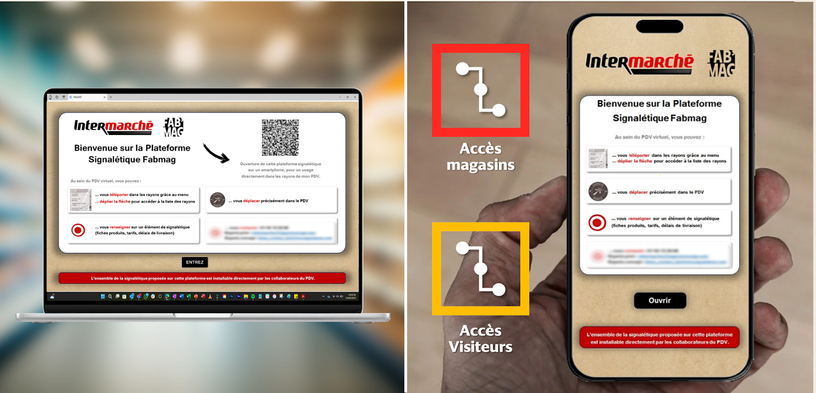 Consultation du showroom virtuel Intermarché sur smartphone, offrant une expérience immersive accessible aux adhérents directement en magasin.