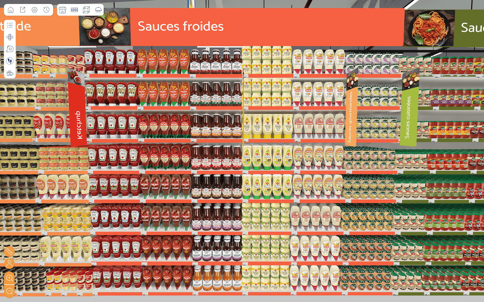 Simulation 3D d'un rayon sauces en magasin virtuel pour test merchandising.