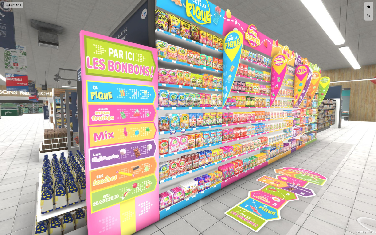 Simulation 3D d'un parcours shopper en magasin virtuel pour test merchandising Haribo.