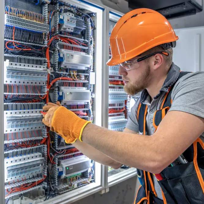 Electrician in orange helmet and gloves working on a complex electrical panel with numerous wires.