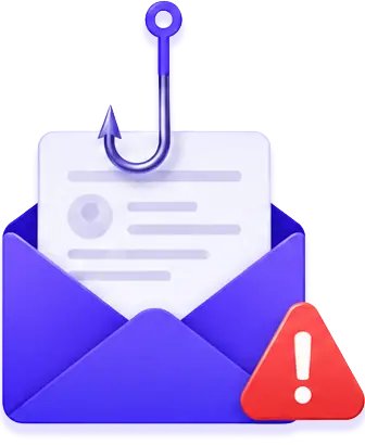 Email inside an envelope hooked by a fishing hook with a red warning triangle indicating phishing.