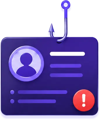 ID card with profile icon and exclamation mark caught on a fishing hook symbolizing spear phishing.