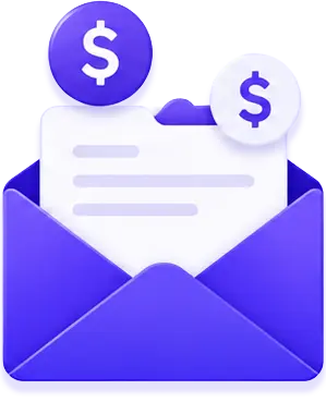 Purple envelope with a white letter and floating dollar sign icons above it.