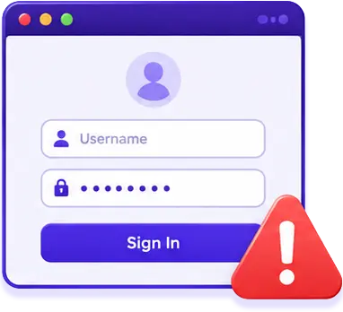 Login form with username and password fields and a red warning triangle with an exclamation mark.