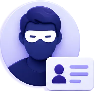 Illustration of a person wearing a white mask with an ID card icon in front symbolizing impersonation.