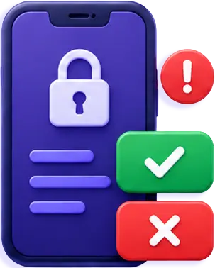 Smartphone screen with lock icon and three buttons: red exclamation, green check mark, red cross.