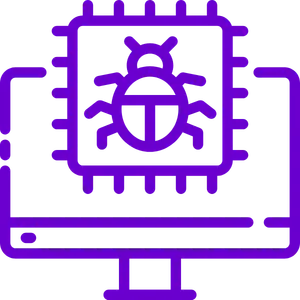 Purple computer monitor displaying a microchip with a bug icon inside, representing a virus or malware.