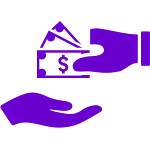 Purple icon showing one hand giving money bills to another open hand.