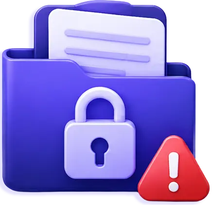 Purple folder with documents, a padlock symbol, and a red warning triangle with an exclamation mark.