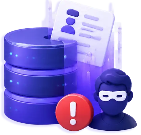 3D icon of a data server, a masked figure, and alert icon representing data theft risk.