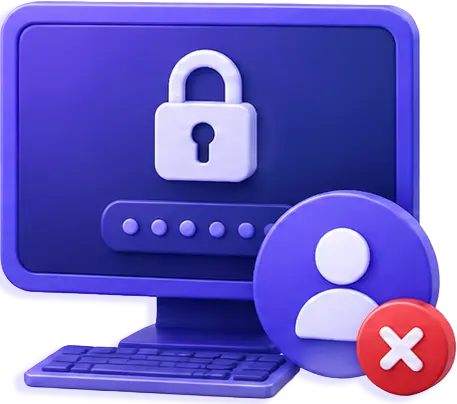 Computer monitor with lock symbol, password dots, and user icon with red cancel mark.