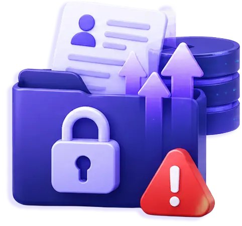 Folder with a padlock, user data, database, upward arrows, and a red warning triangle symbolizing data breach risk.