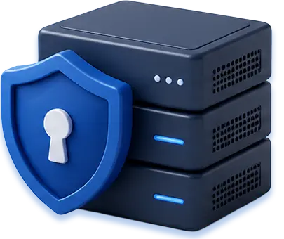 Stack of three black servers with blue lights beside a blue shield with a white keyhole symbol.