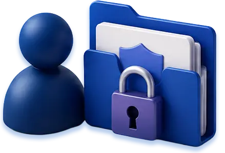 Blue person icon next to a blue folder with a shield and a purple locked padlock on the front.