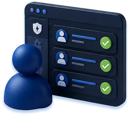 3D user icon in front of a digital interface showing user profiles with check marks signaling access permission.