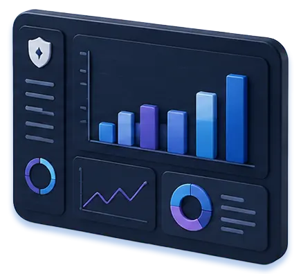 Dark-themed 3D dashboard with bar chart, pie charts, and line graph showing data trends.
