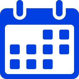Blue calendar icon with a white square and two rings on top symbolizing a date or schedule.