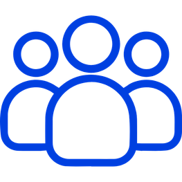 Blue outline icon of three people representing a group or community.