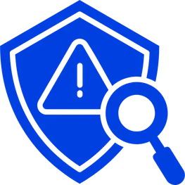 Blue shield with an exclamation mark warning and a magnifying glass symbol for threat detection.