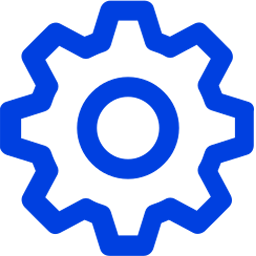White gear icon on a solid blue background symbolizing settings or configuration.