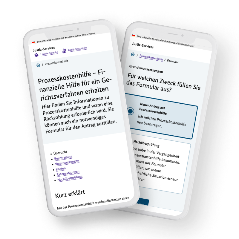 Zwei Smartphone-Screenshots zeigen Webseiten zur Prozesskostenhilfe. Links Informationen zu finanzieller Hilfe für Gerichtsverfahren und zum Antragsformular. Rechts die Frage nach dem Zweck des Formulars, wobei "Neuer Antrag auf Prozesskostenhilfe" ausgewählt ist.