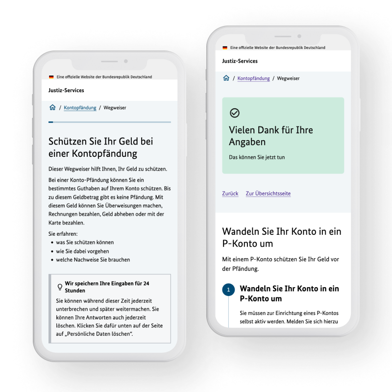 Zwei Smartphone-Screenshots zeigen Webseiten zum Schutz des Geldes bei Kontopfändung. Links ein Wegweiser mit Informationen zu Schutzbeträgen und Vorgehensweise. Rechts eine Seite mit Hinweisen zur Umwandlung des Kontos in ein P-Konto.