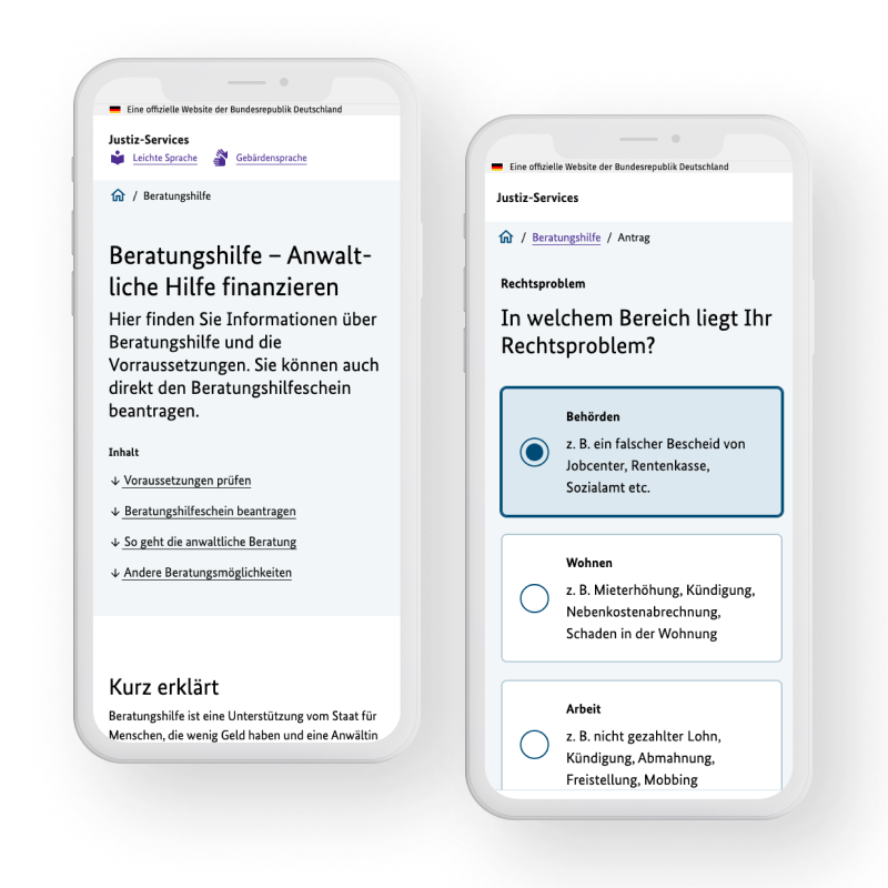 Zwei Smartphone-Screenshots zeigen Webseiten zum Thema Beratungshilfe. Links Informationen zur Finanzierung anwaltlicher Hilfe und zur Beantragung des Beratungshilfescheins. Rechts eine Seite zur Erfassung des Rechtsproblems mit den Optionen "Behörden" (ausgewählt), "Wohnen" und "Arbeit" mit Beispielen.
