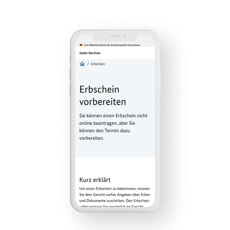 Smartphone mit einer Webseite auf Deutsch, die den Titel "Erbschein vorbereiten" trägt.