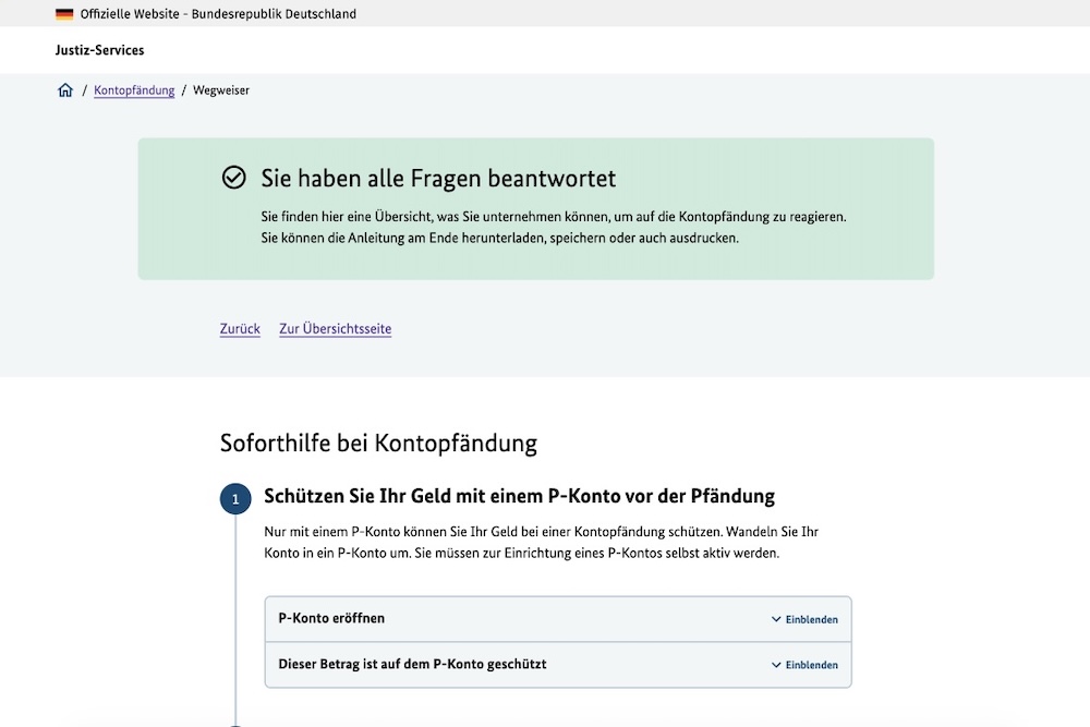 Ergebnisseite des Wegweisers Kontopfändung mit der Bestätigung „Sie haben alle Fragen beantwortet“ und ersten Schritten zur Soforthilfe, wie der Einrichtung eines P-Kontos.