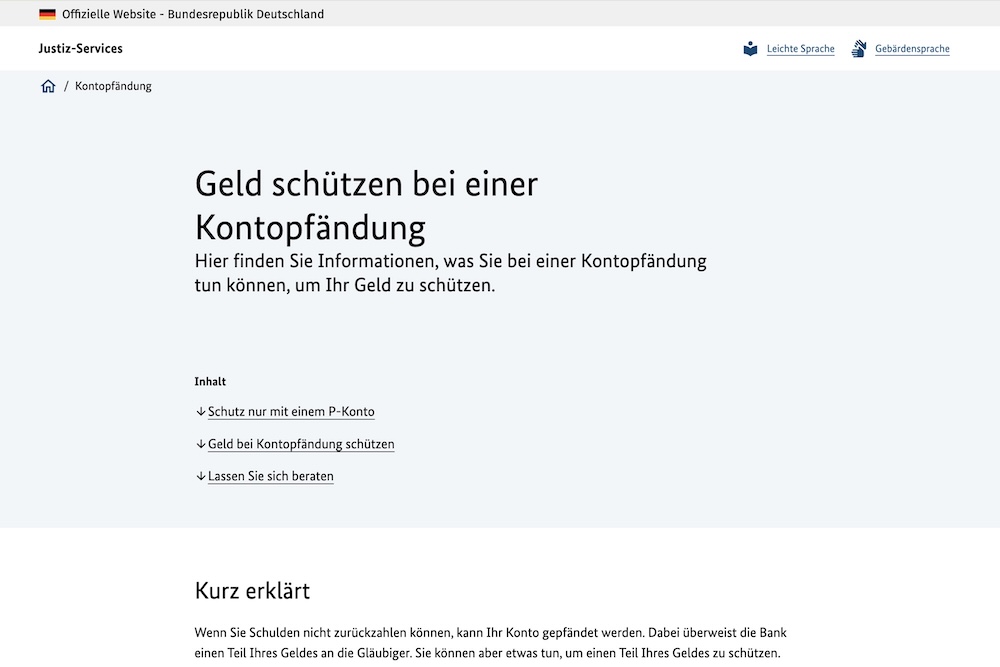 Website mit der Überschrift „Geld schützen bei einer Kontopfändung“ sowie einer kurzen Einleitung und Inhaltsübersicht.