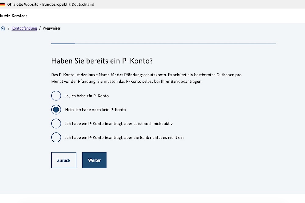 Eine Frage aus dem Wegweiser Kontopfändung mit der Überschrift „Haben Sie bereits ein P-Konto?“ und verschiedenen Antwortmöglichkeiten per Radio-Button.