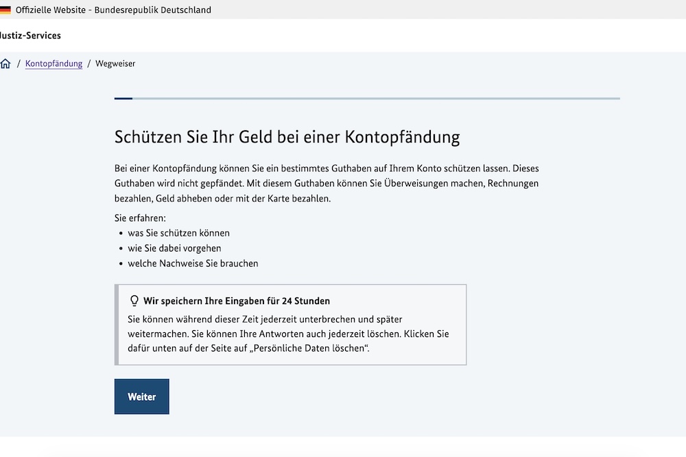 Einleitungsseite des Wegweisers Kontopfändung, die erklärt, wie man Guthaben schützen kann und welche Nachweise dafür benötigt werden.
