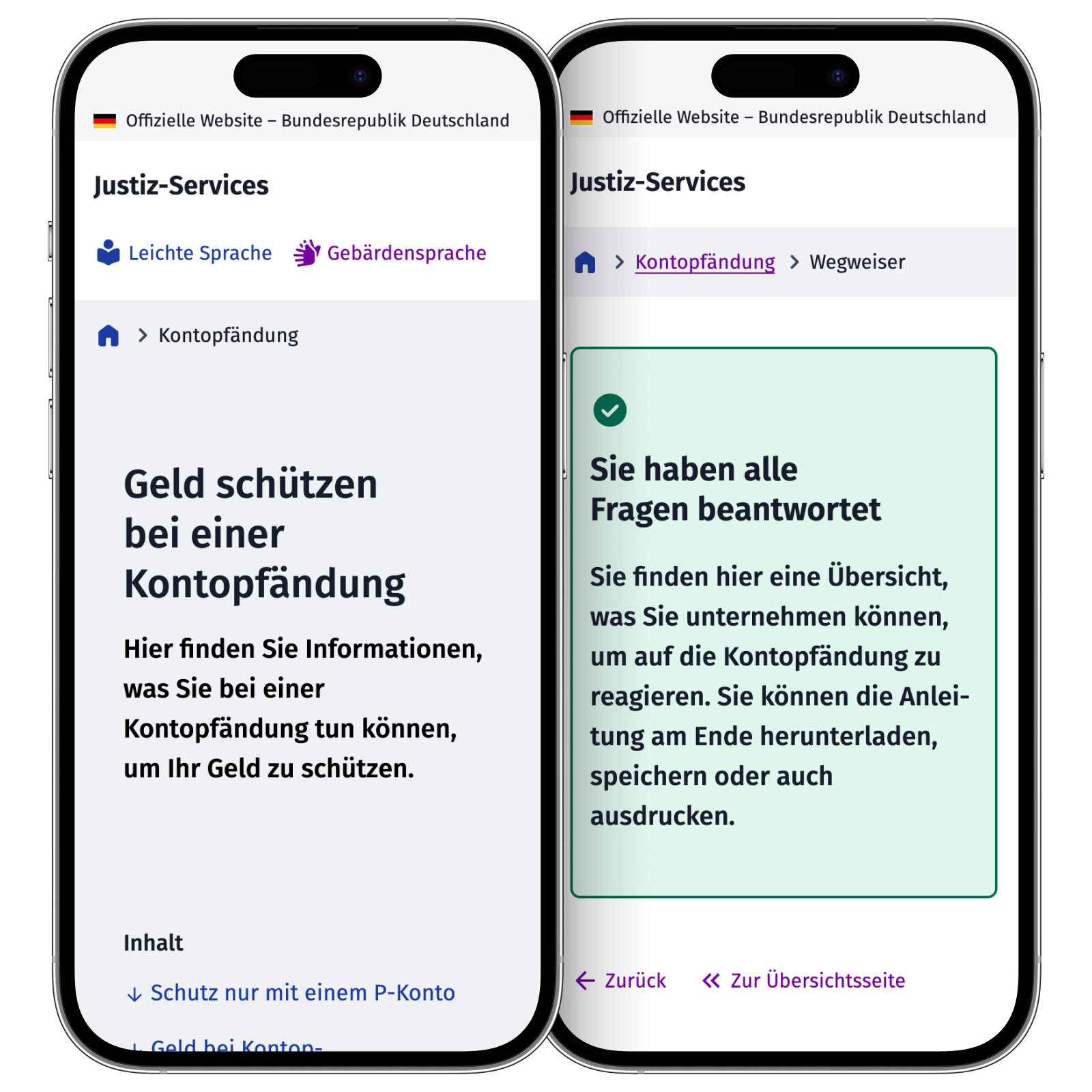 Zwei Smartphones nebeneinander mit der mobilen Ansicht der Website service.justiz.de zum Thema Kontopfändung. Links die Startseite „Geld schützen bei einer Kontopfändung“, rechts die Erfolgsmeldung nach Beantwortung aller Fragen im Online-Wegweiser.