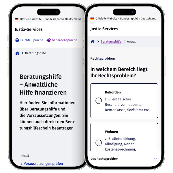 Zwei Smartphones nebeneinander mit der mobilen Ansicht der Website service.justiz.de. Links die Startseite zur Beratungshilfe („Anwaltliche Hilfe finanzieren“), rechts ein Auswahlschritt des Online-Antrags zur Ermittlung des Rechtsbereichs.