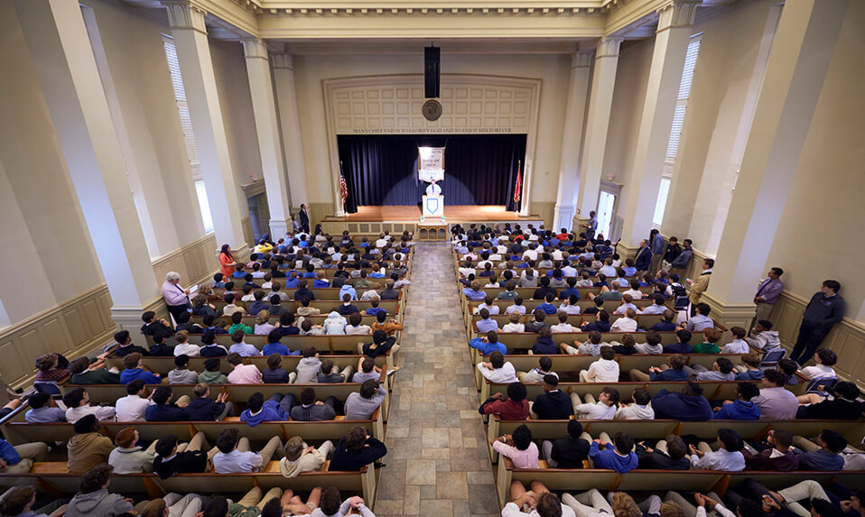 An overhead view of students attending chapel at McCallie.