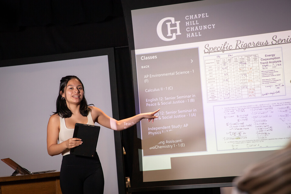 A Chapel Hill-Chauncy Hall student enrolled in the Distinguished Scholars Program presents to faculty.