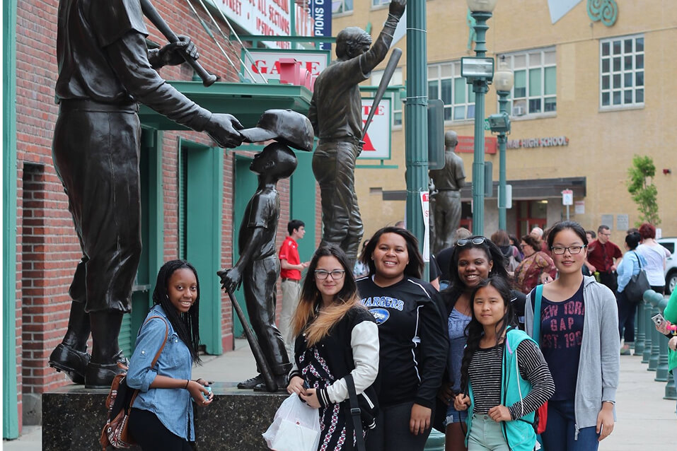 Chapel Hill-Chauncy Hall students pose for a photo outside Fenway Park in Boston, Massachusetts.