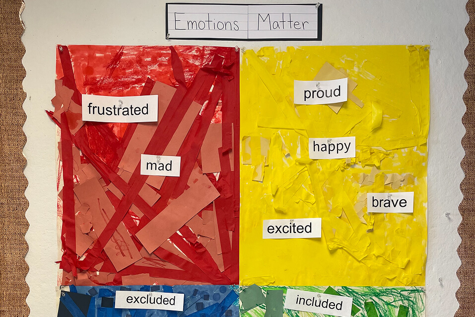 A bulletin board titled, "Emotions Matter" with emotions displayed in quadrants.