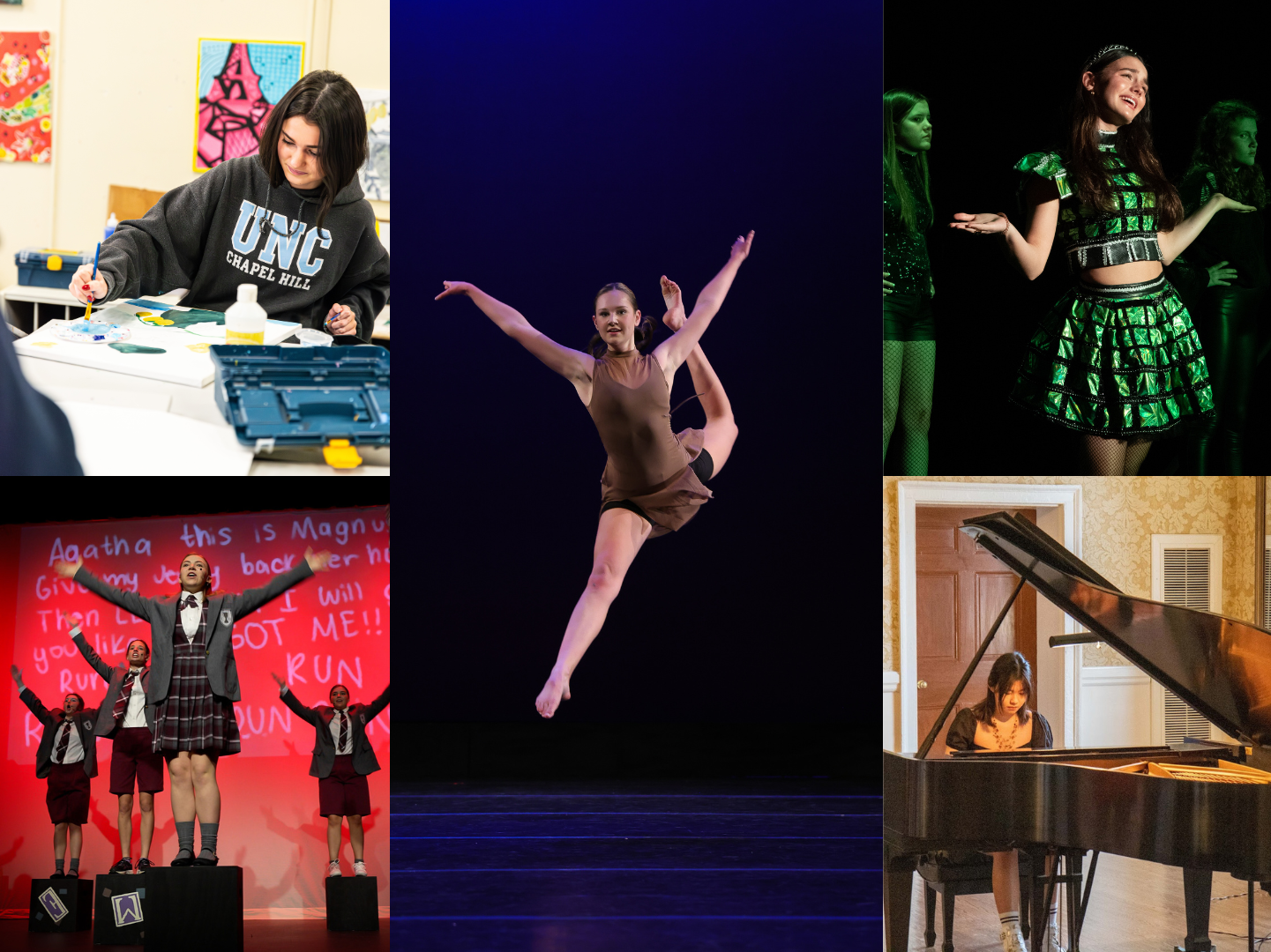 Photo collage; top left: a student paints on a canvas | bottom left: students perform in a theater production | middle: a dancer leaps across the stage during a performance | top right: a student performs in a theater production | bottom right: a student practices the piano