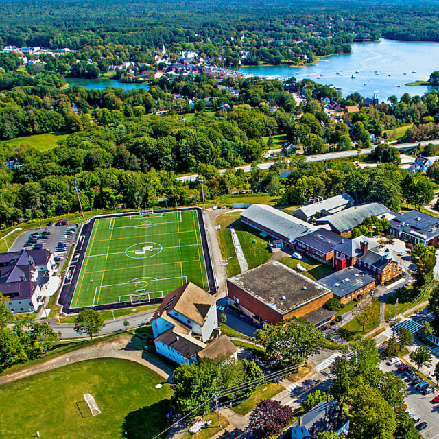 An aerial view of the Lincoln Academy campus in Newcastle, Maine.