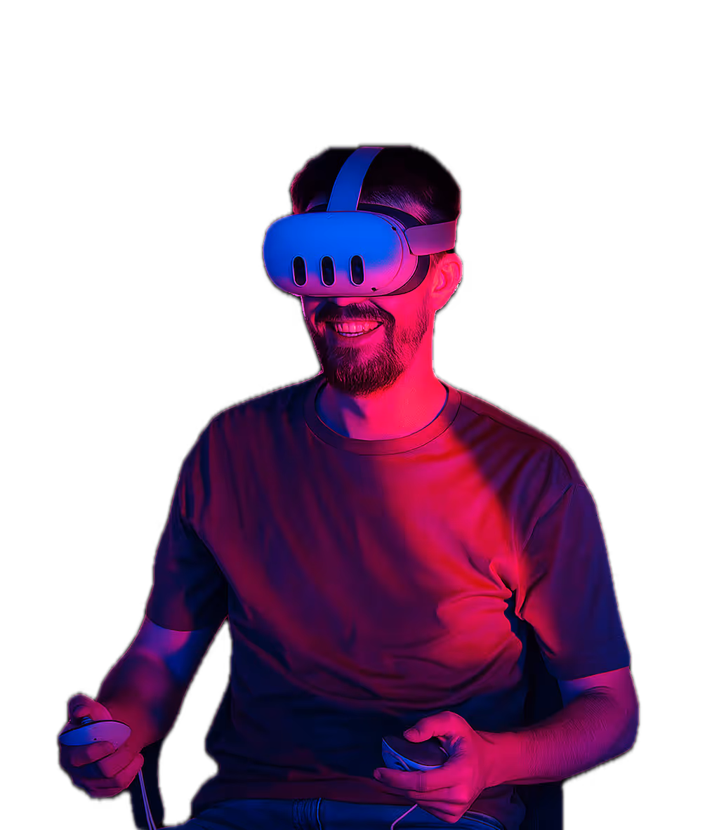 Smiling bearded man wearing a VR headset and holding controllers, illuminated by blue and pink lighting on a black background.