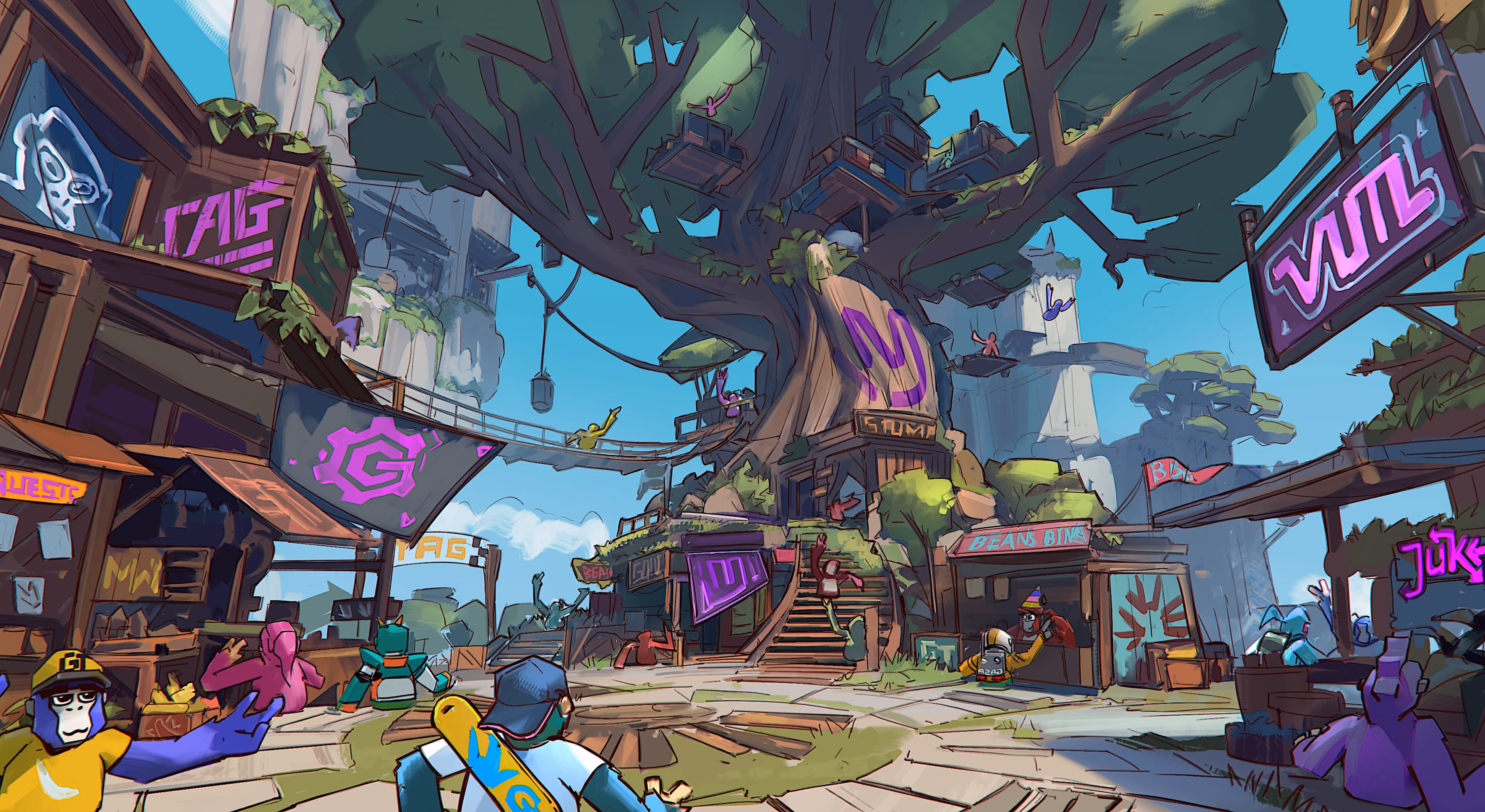 A lively, colorful village with wooden huts and treehouses built around a massive tree, populated by animated animal characters and vibrant banners.