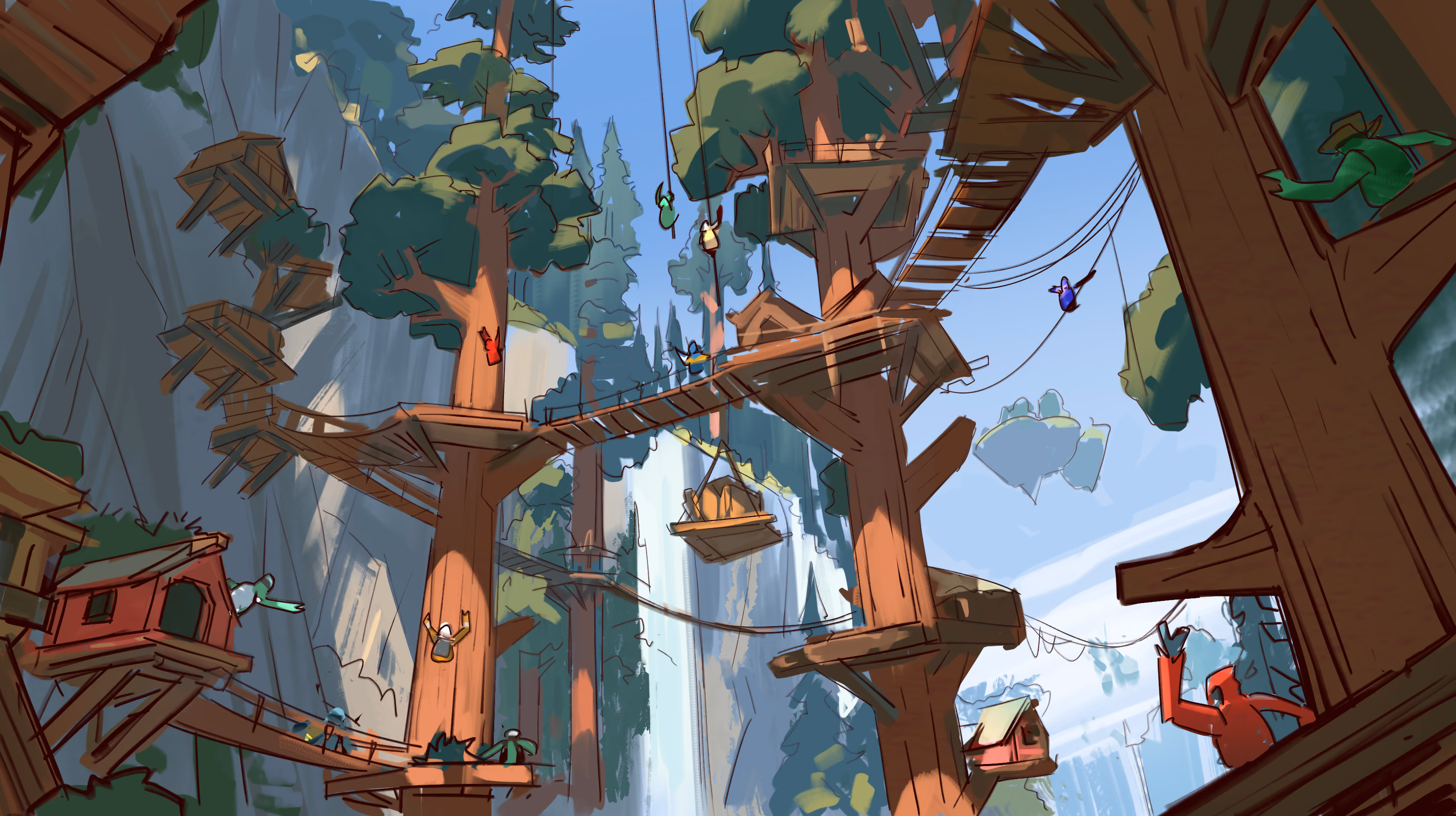 Wooden platforms and bridges connect tall trees in a vibrant forest, with colorful birds and cabins visible among the trees. A waterfall flows in the background under a blue sky.