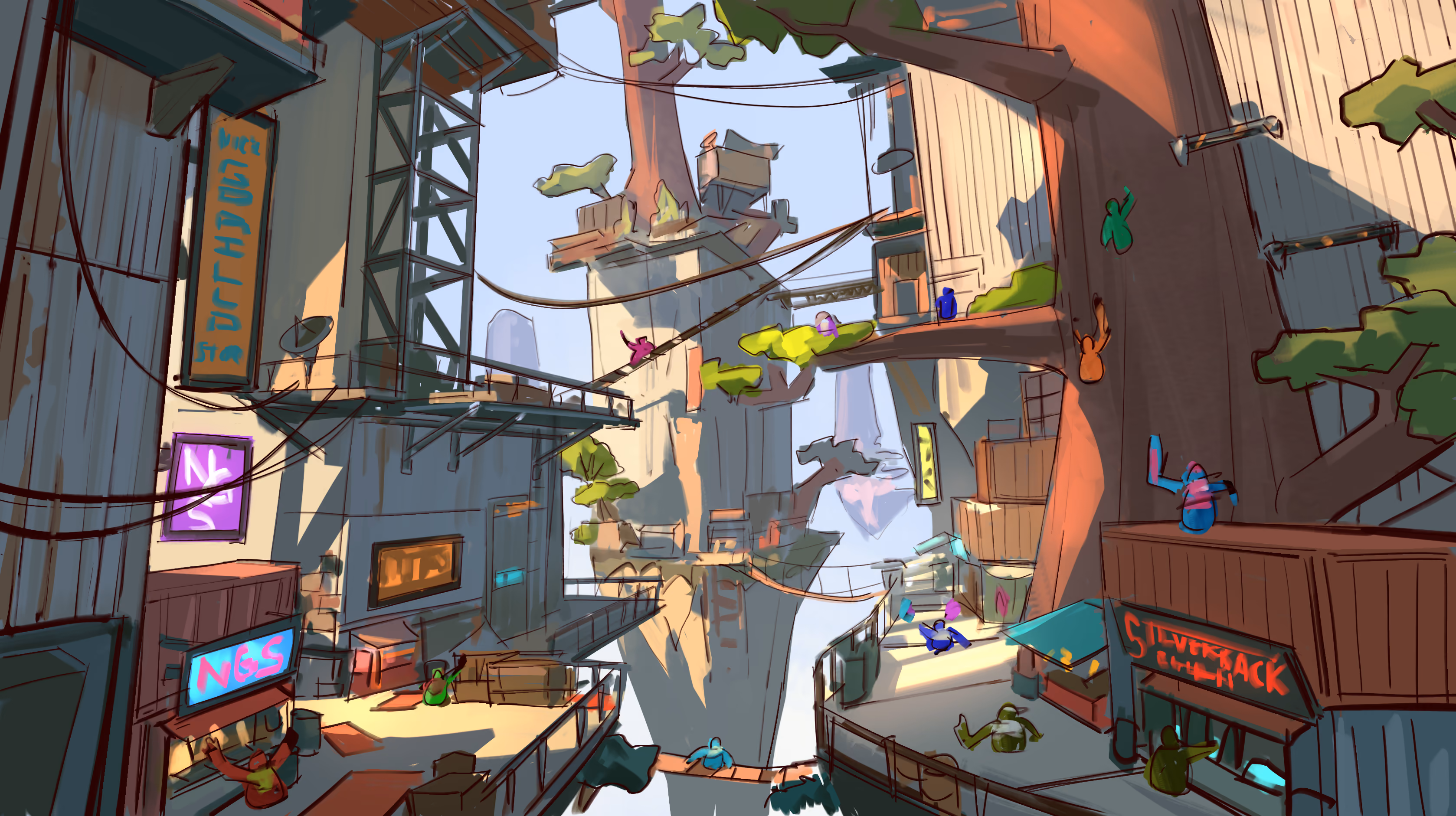 Colorful, futuristic cityscape with floating buildings, hanging wires, trees, and vibrant neon signs. People and plants are scattered throughout the lively, compact urban environment.