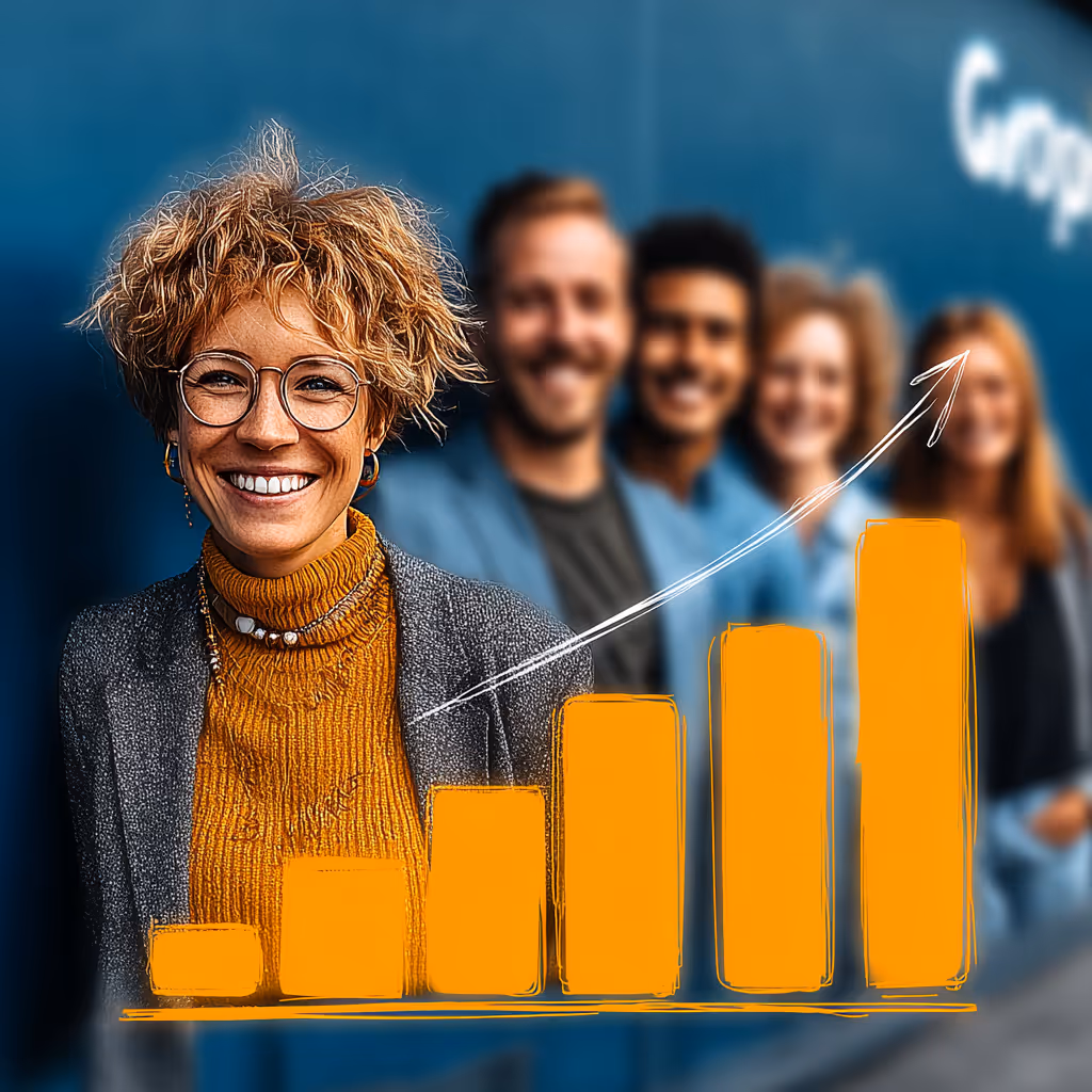 Smiling diverse group of five young professionals with ascending orange bar graph and upward arrow overlay.
