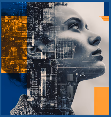 Profile of a woman's face blended with digital circuit board patterns and geometric orange and blue shapes.