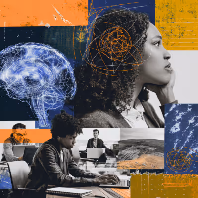 Collage featuring a thoughtful woman with geometric brain overlay, a glowing brain illustration, and diverse people working on laptops.