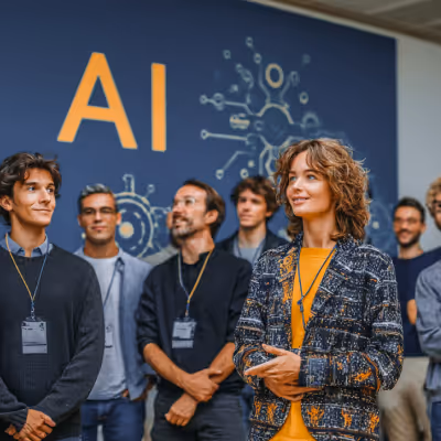 A group of diverse professionals standing in front of a blue wall with large orange AI letters and a connected nodes graphic.