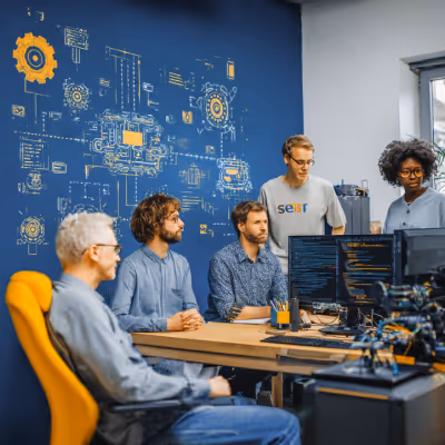 Four people collaborating in an office with computer screens displaying code and a blue wall decorated with technical diagrams.
